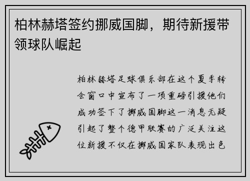柏林赫塔签约挪威国脚，期待新援带领球队崛起